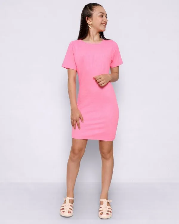 Vestido Juvenil Manga Curta Canelado Rosa Neon 10