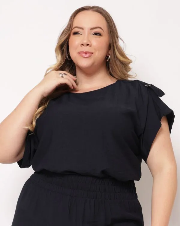 Blusa Plus Size Feminina Berry & Co. Argola na Manga Marinho G1