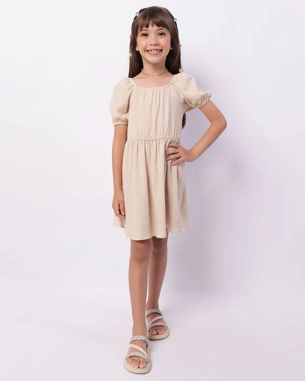 Vestido Infantil Curto Manga Curta Bufante Texturizado Bege 8