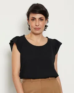 ​Blusa Feminina Manga Curta Com Babado Preta G