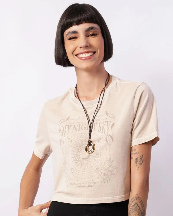 Camiseta Feminina Cropped Manga Curta Estampado Bege M