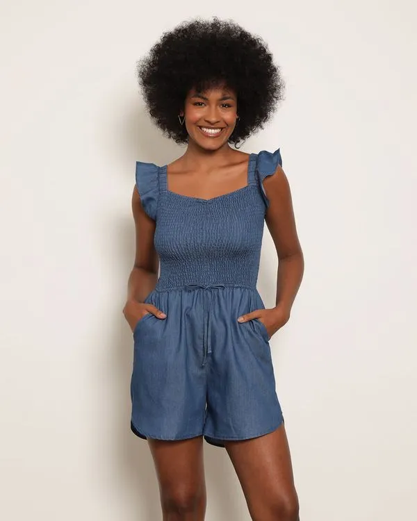 Macaquinho Feminino Curto Liocel Lastex Alça Com Babado Azul P