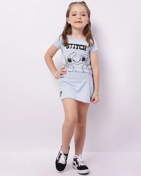 Short Saia Infantil Curto Disney Estampa Stitch Azul 8