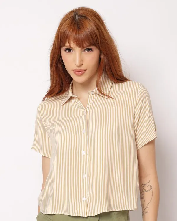 Camisa Feminina Cropped Berry & Co. Viscose Listrada Bege M
