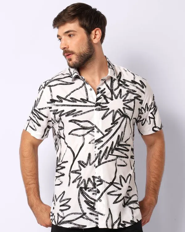 Camisa Masculina Estampada Floral Manga Curta Bege 1