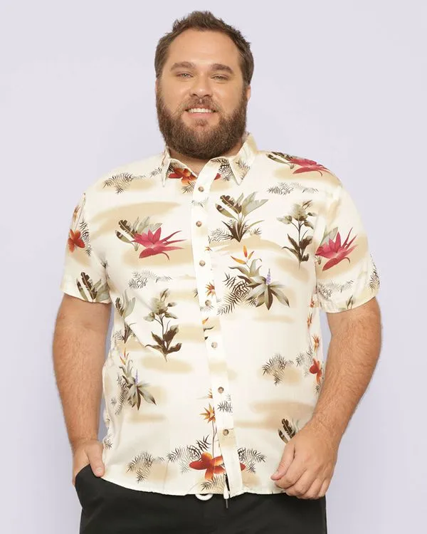 Camisa Plus Size Masculina Viscose Estampada Bege G2