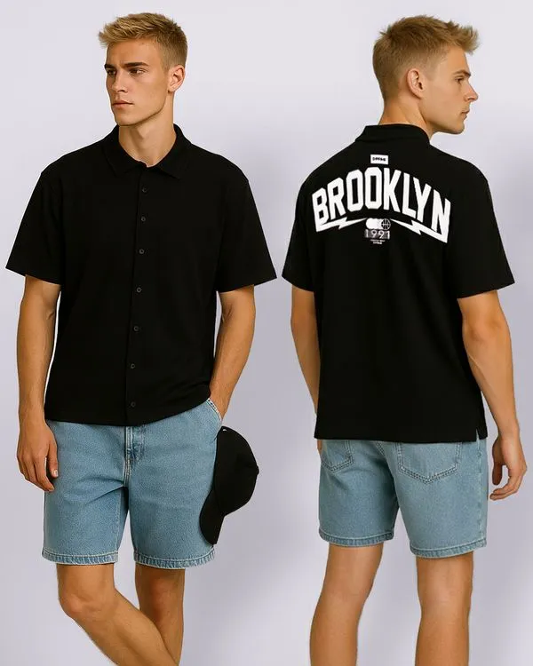 Camisa Masculina Boxy Manga Curta com Botões Preta G