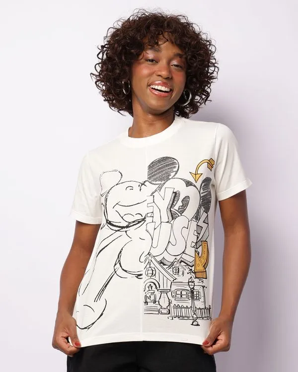 Camiseta Feminina Disney Mickey Com Recortes Manga Curta Off White P