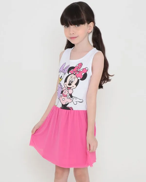 Vestido Infantil Tule Estampa Minnie Margarida Disney Branca 8