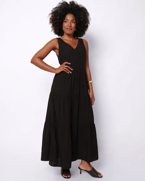 Vestido Feminino Longo Berry & Co. Viscose Três Marias Decote V Preto G
