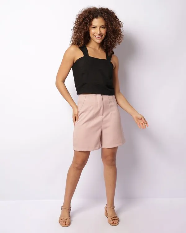 Short Feminino Curto Alfaiataria Com Frisos Rosê G