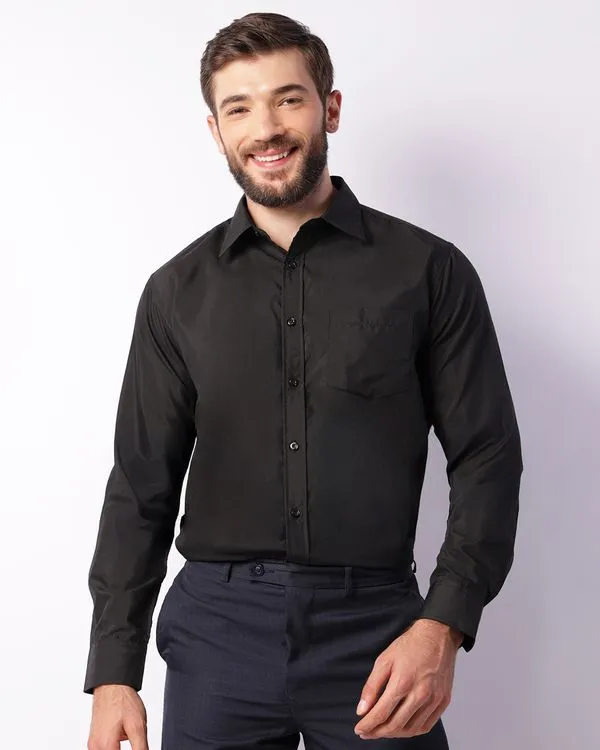 Camisa Masculina Social Manga Longa Com Bolso Preta 3