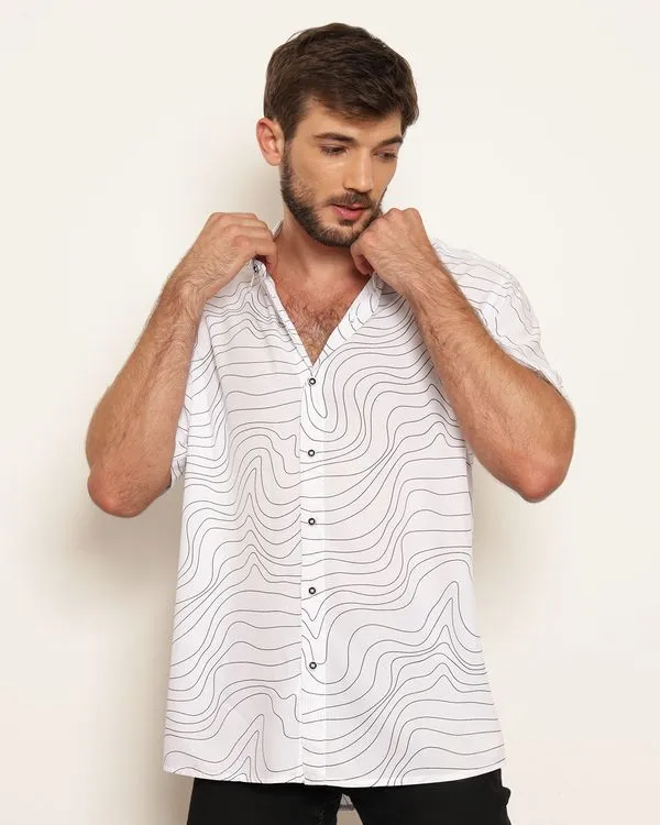 Camisa Masculina Estampada Com Botões Manga Curta Branca 2