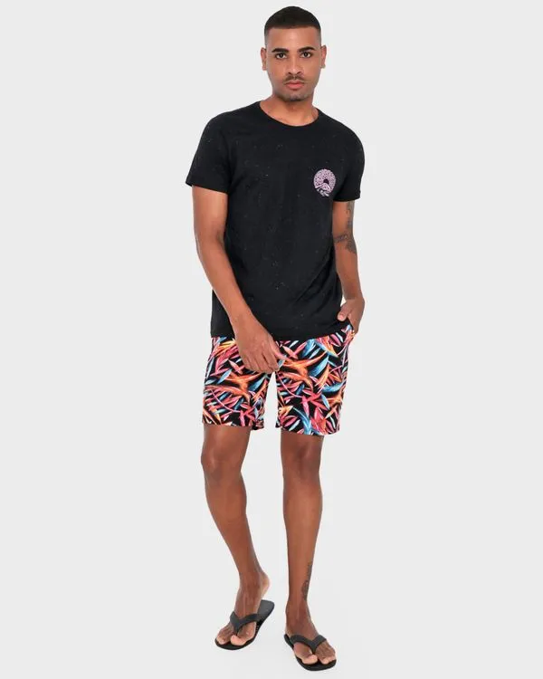 Short Masculino Praia Estampa Folhagem Preto P