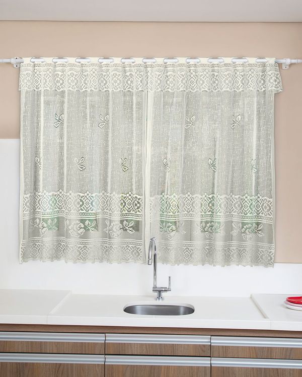 Cortina De Cozinha Varão Até 150cm Renda Off White UN
