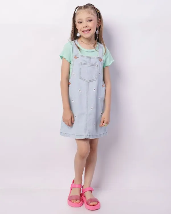 Salopete Jeans Infantil Bordado Flor Azul 6