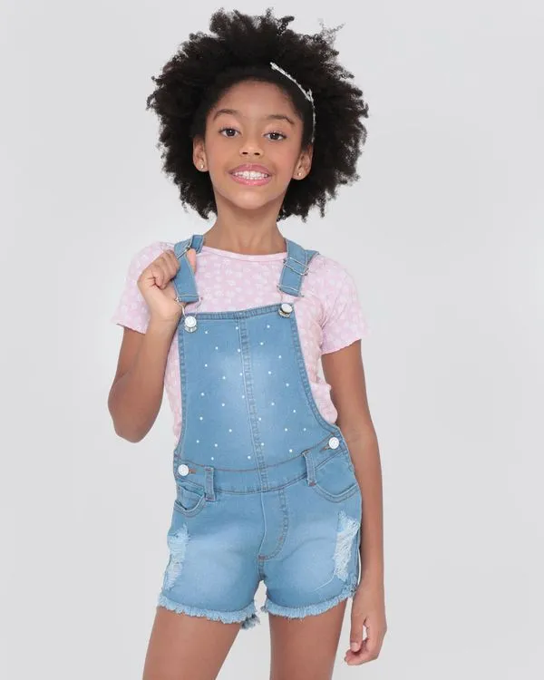 Jardineira Jeans Infantil Strass Azul Claro 4
