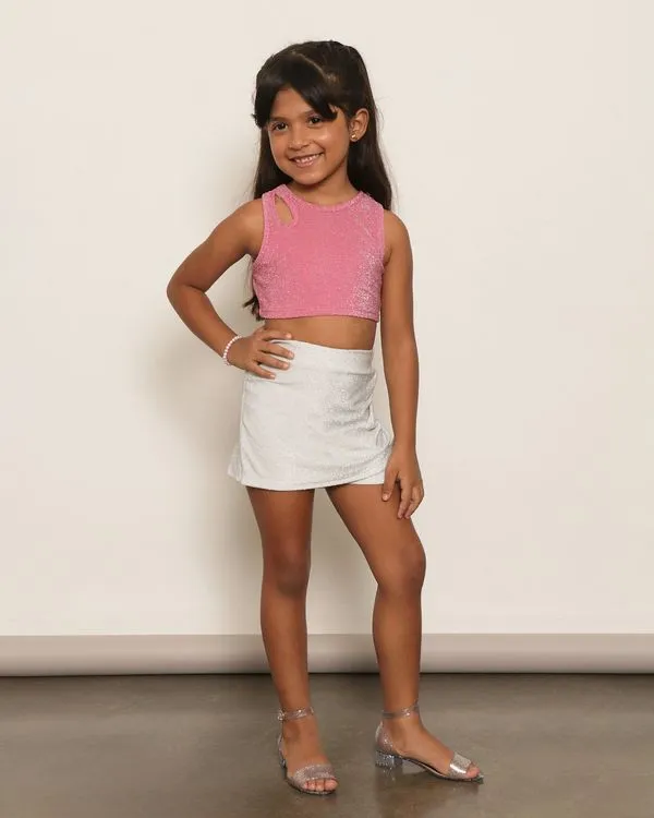 Short Saia Infantil Prateado Lurex Cordão Decorativo Prateado 4