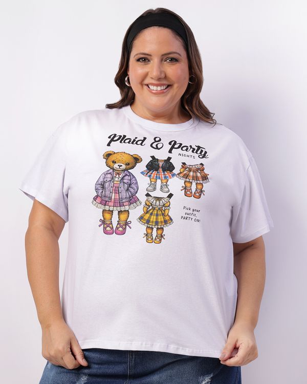 Camiseta Plus Size Feminina Estampa Frontal Manga Curta Branca G2