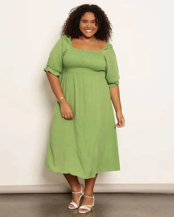 Vestido Plus Size Feminino Midi Manga Bufante Com Lastex Verde G1
