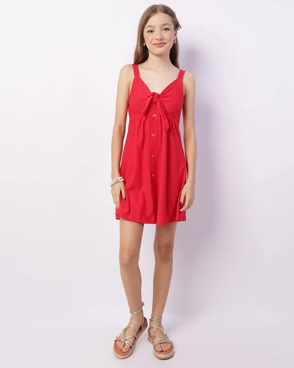 Vestido Juvenil Curto Alcinha Laise Amarração Botões Vermelho 12