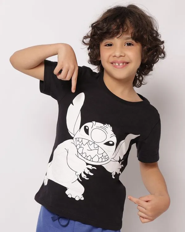 Camiseta Infantil Algodão Disney Stitch Texturizado Manga Curta Preta 6