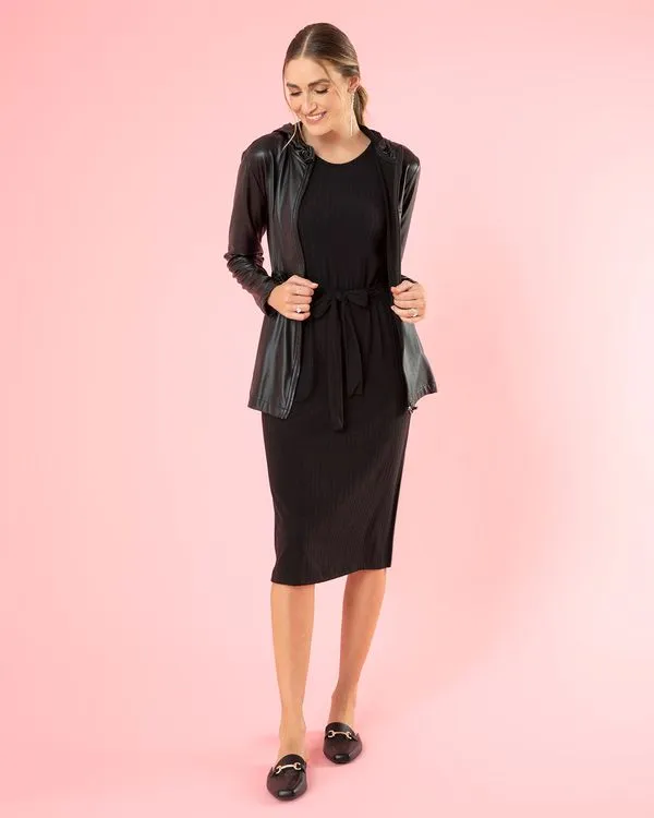 Vestido Feminino Midi Canelado Preto GG