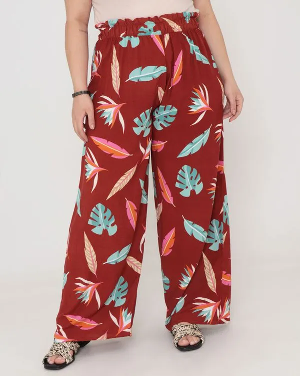 Calça Feminina Pantalona Estampa Floral Marrom G1
