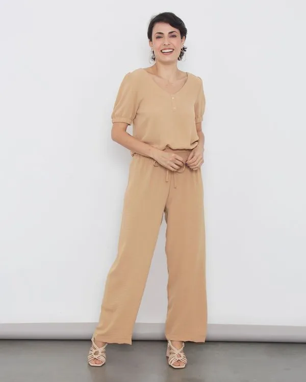 Calça Feminina Pantalona Com Amarração Bege G