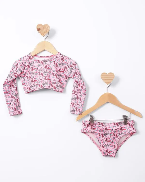 Conjunto Praia Infantil Cropped Manga Longa + Calcinha Biquini Estampado Rosa 6