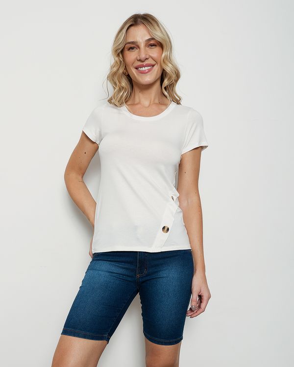 Blusa Feminina Manga Curta Botões Decorativo Off White P
