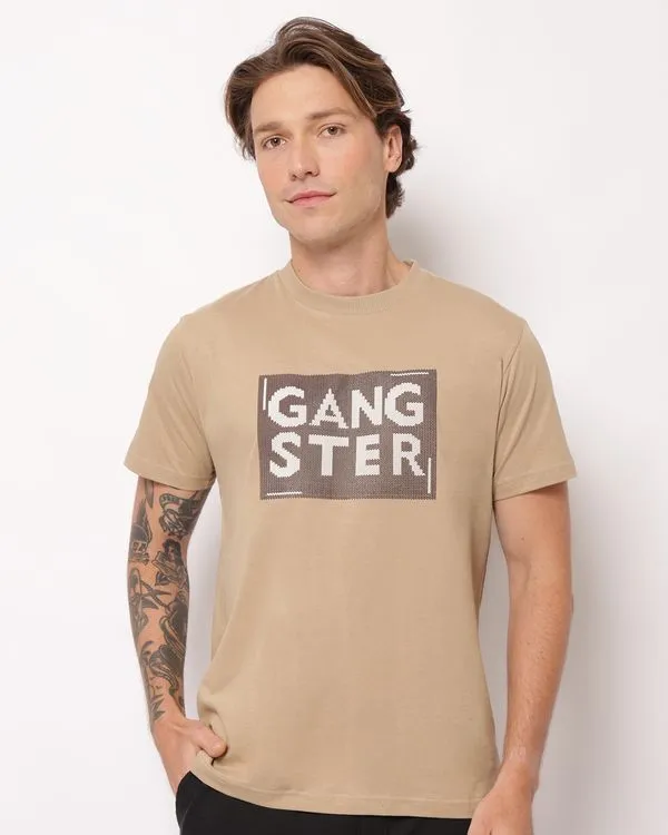 Camiseta Masculina Gangster Algodão Manga Curta Bege GG