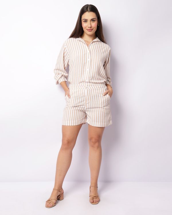 Short Feminino Curto Com Bolsos Listrado Bege GG