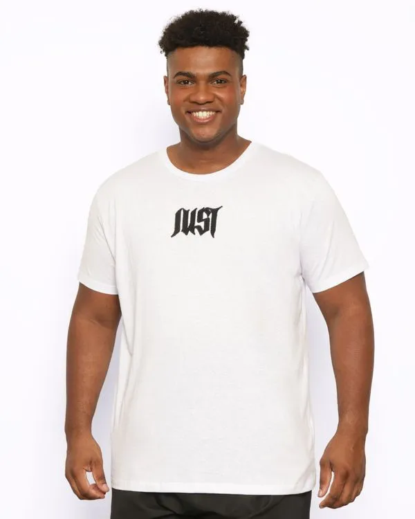 Camiseta Plus Size Masculina Com Bordado Frontal Manga Curta Branca G2
