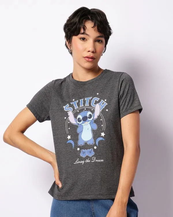 Camiseta Feminina Disney Stitch Manga Curta Cinza M