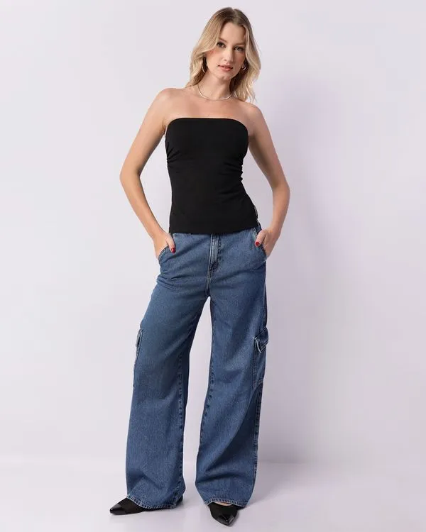 Calça Jeans Feminina Wide Leg Bolsos Cargo Azul 44
