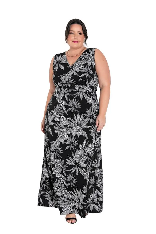 Vestido em Malha Estampa Folhagem Preto G