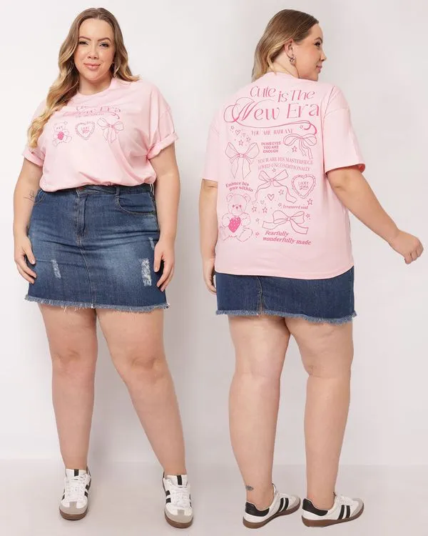 Camiseta Plus Size Feminina Algodão Estampa Frente e Costas Rosa G3