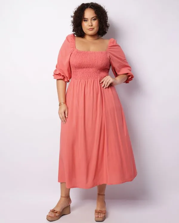 Vestido Plus Size Feminino Midi Manga 3/4 Bufante Com Lastex Rosa G1