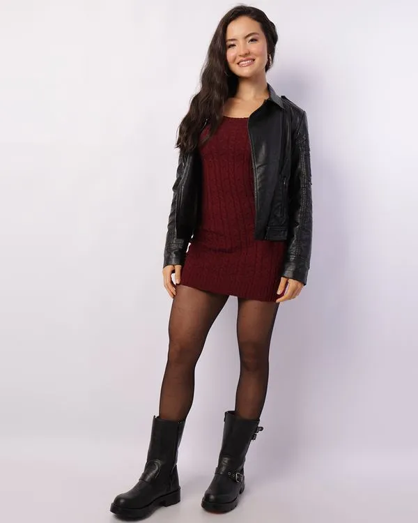 Vestido Feminino Curto Tricô Trançado Vinho M