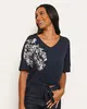 Blusa Feminina Manga Curta Estampa Frontal Com Nozinho Marinho M