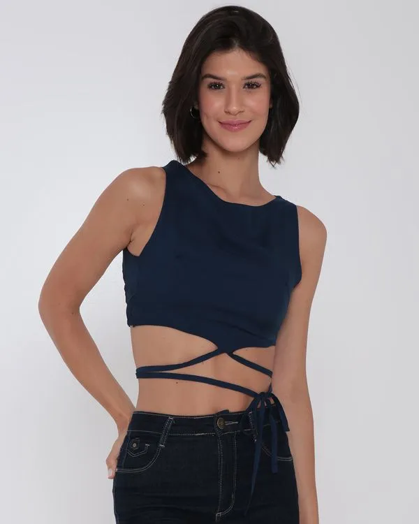 Regata Feminina Viscose Cropped Tiras Azul Marinho G