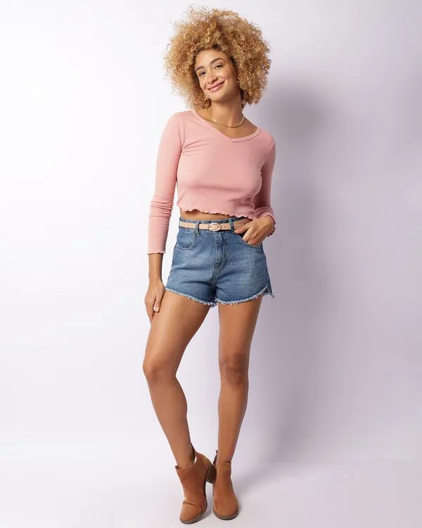 Short Jeans Feminino Curto Barra Desfiada Azul 46