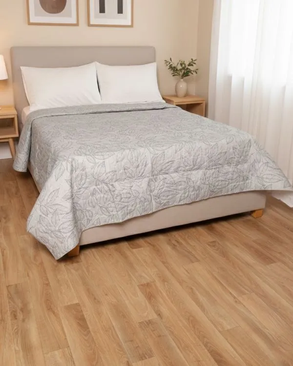 Colcha Casal Com Viés Arte & Cazza 200cm x2,40cm Estampada Folhagem Cinza UN