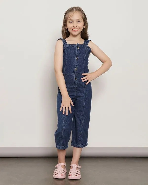 Macacão Jeans Infantil Capri Botões Babados Azul 8