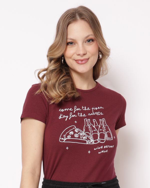 Camiseta Feminina Algodão Estampa Frontal Manga Curta Vinho M