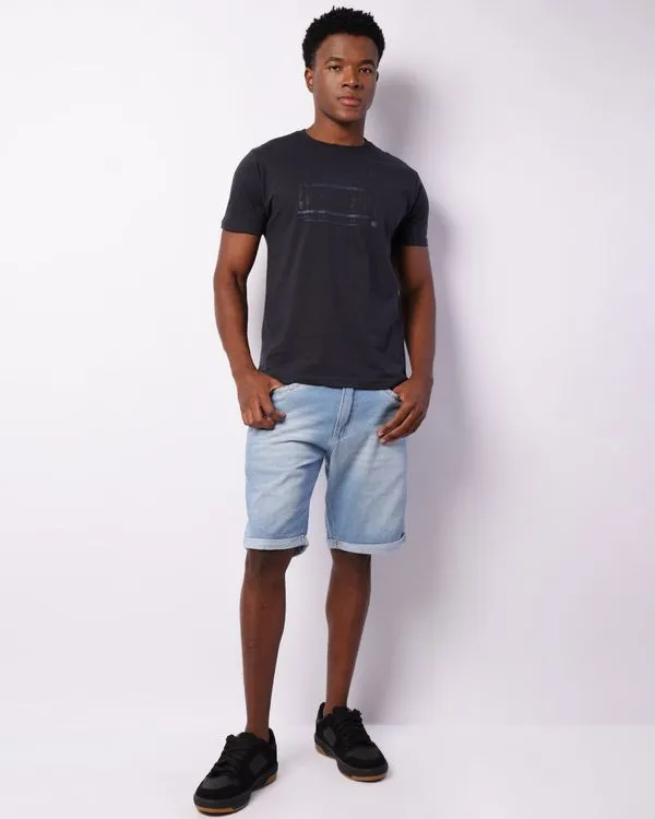 Bermuda Jeans Masculina Reta Barra Dobrada Com Cordão Azul 48
