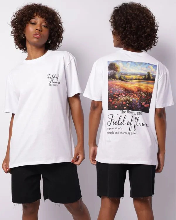 Blusa Feminina Manga Curta Estampa Frente Costas Paisagem Branca M