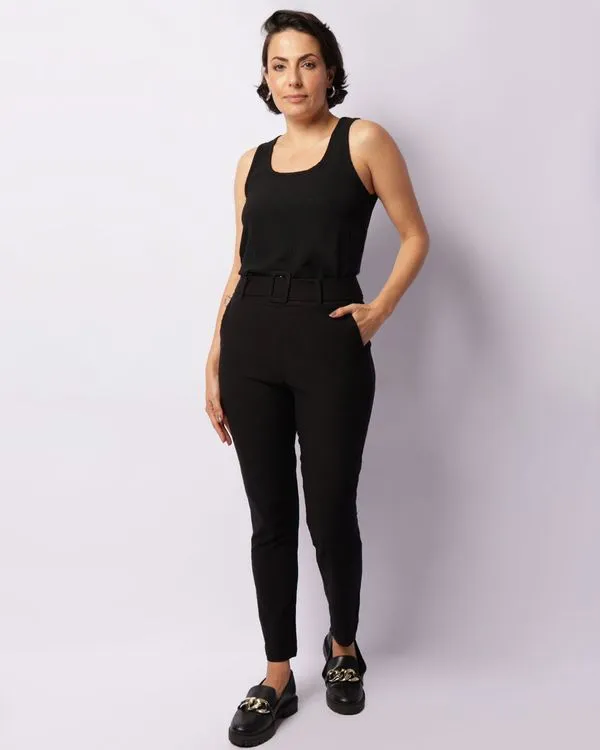 Calça Feminina Bengaline Com Cinto Preta GG