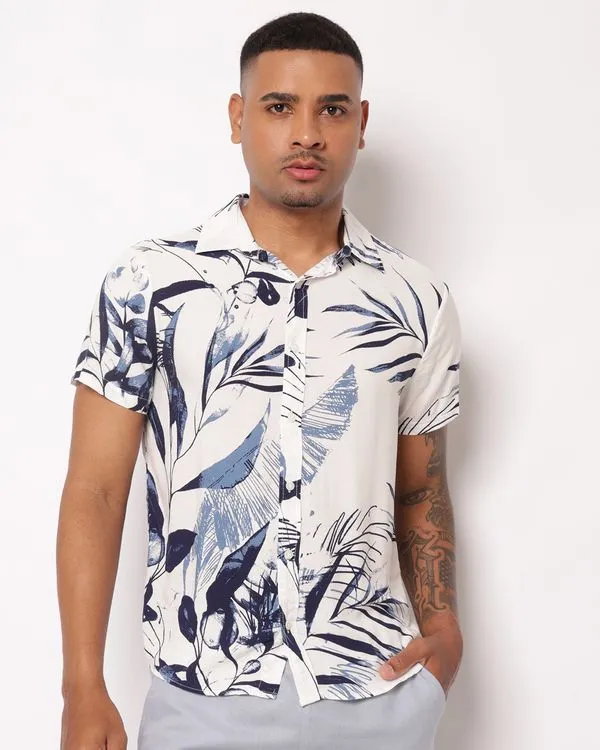 Camisa Masculina Viscose Estampada Floral Off White M